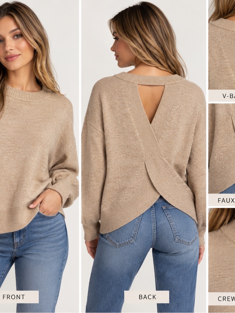 1. State Taupe Open-Back Crewneck Sweater